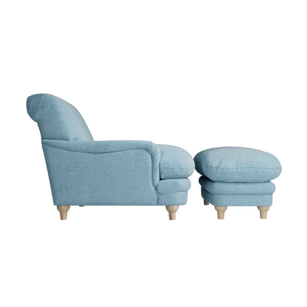 Plumpton Duck Egg Blue Footstool Chenille Upholstered With Brown Wood Legs