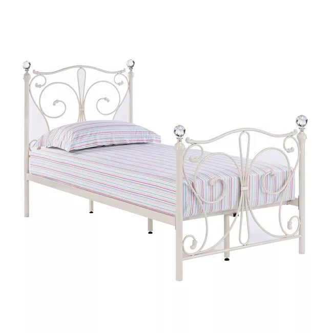 Florence 3.0 Single Metal Bed White Finish with Elegant Sculpted Design & Crystal Finials