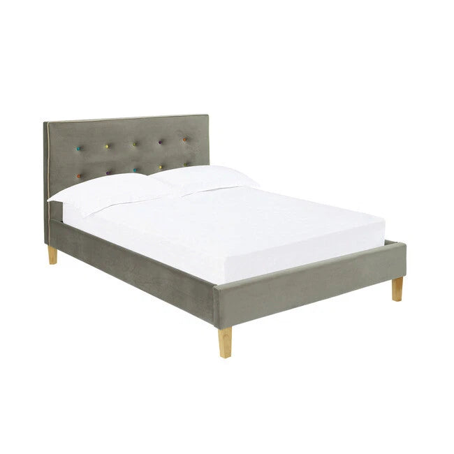 Camden Upholstered Double Bed Grey Velour with Contrast Piping & Multicolored Button Headboard