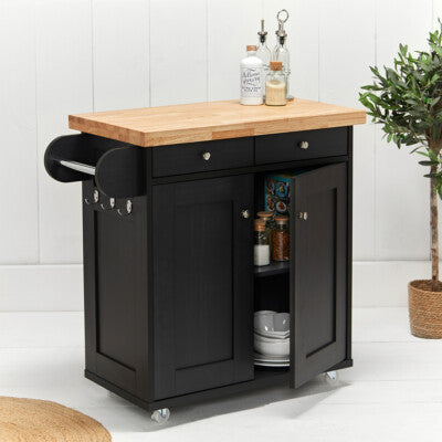 Portland Black Kitchen Island Unit Solid Wood Top Drawers Hooks Cupboard