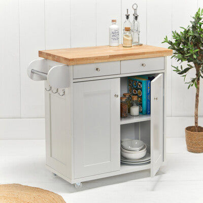 Portland White Kitchen Island Unit Solid Wood Top Hooks Drawers Cupboard
