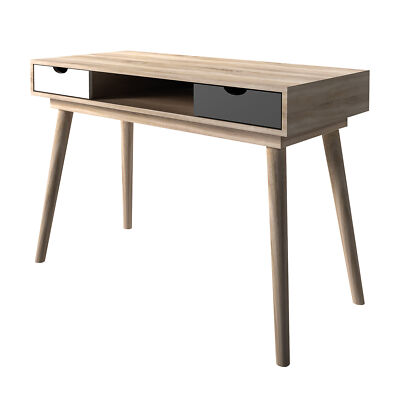 Scandi Oak Desk - Retro Charm with Grey & White Drawer Accents & Smart Storage