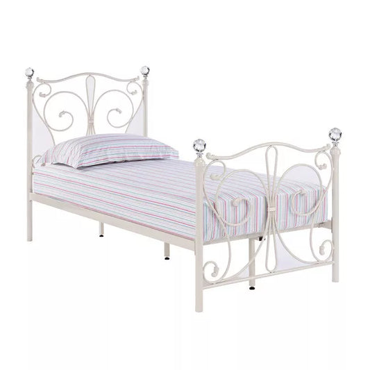Florence 3.0 Single Metal Bed White Finish with Elegant Sculpted Design & Crystal Finials