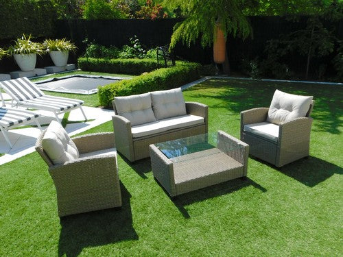 Thetford 4-Piece Garden Set Natural Weave with Sofa, Chairs & Glass-Topped Table