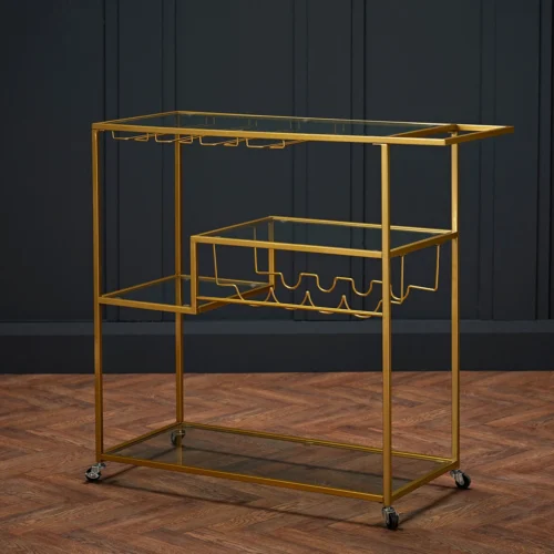 Porter Gold Glass Drinks Trolley - Vintage Glamour with Practical Shelving