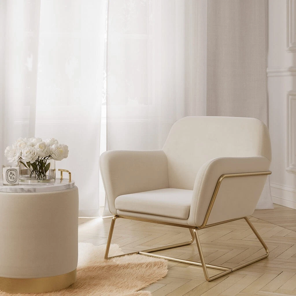 Charles Velvet Cream Armchair Comfortable&Relaxed Seating with Brushed Gold Legs - Image 5
