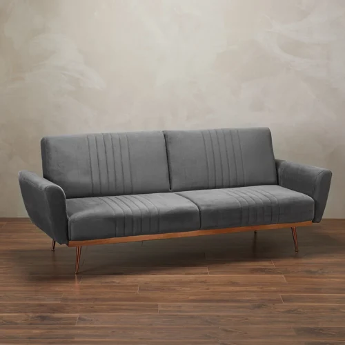 Nico Grey Velvet Sofa Bed Copper Legs Stylish Convertible Guest Sleeper Seat