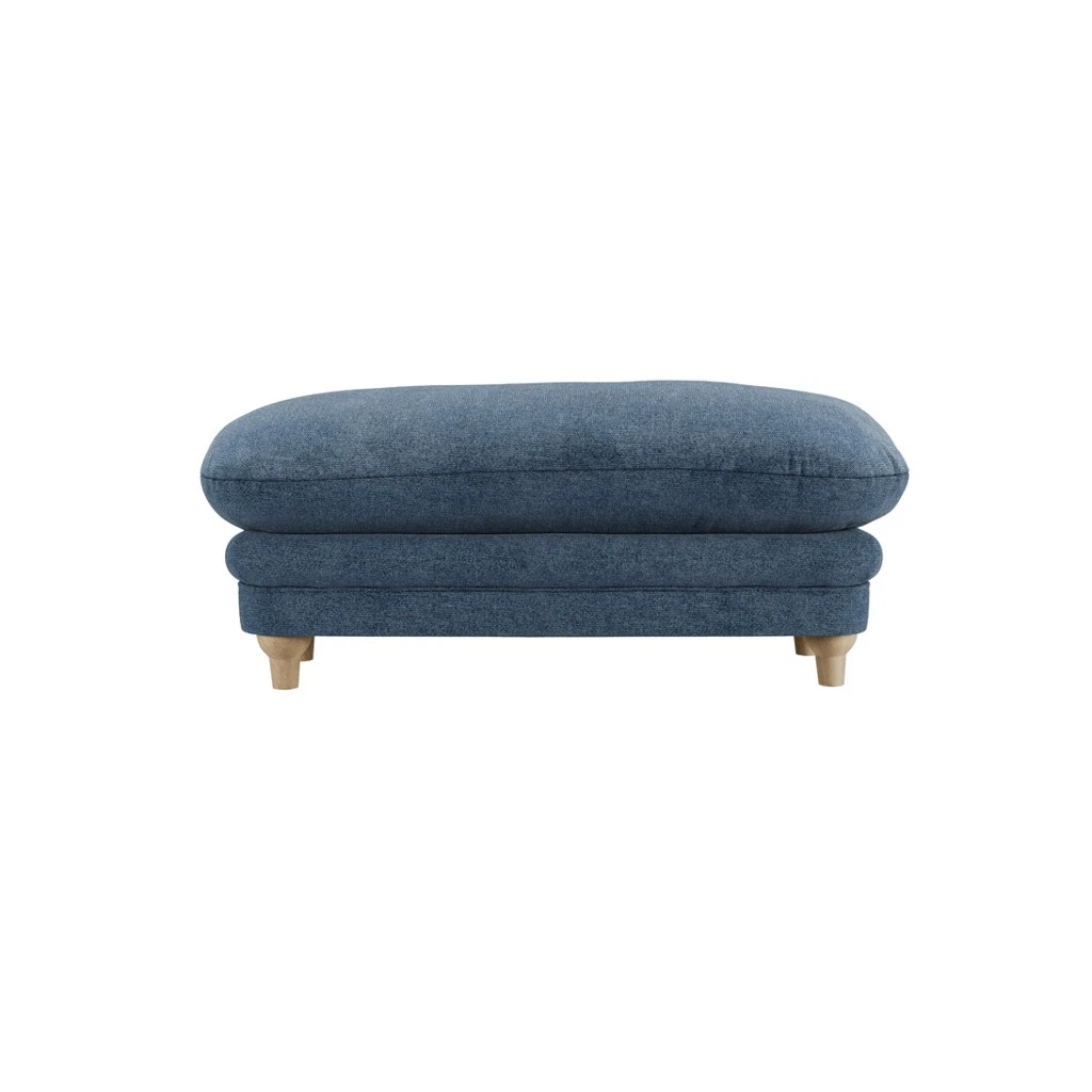 PlumptonDenim Blue Footstool Chenille Upholstered With Brown Wood Legs