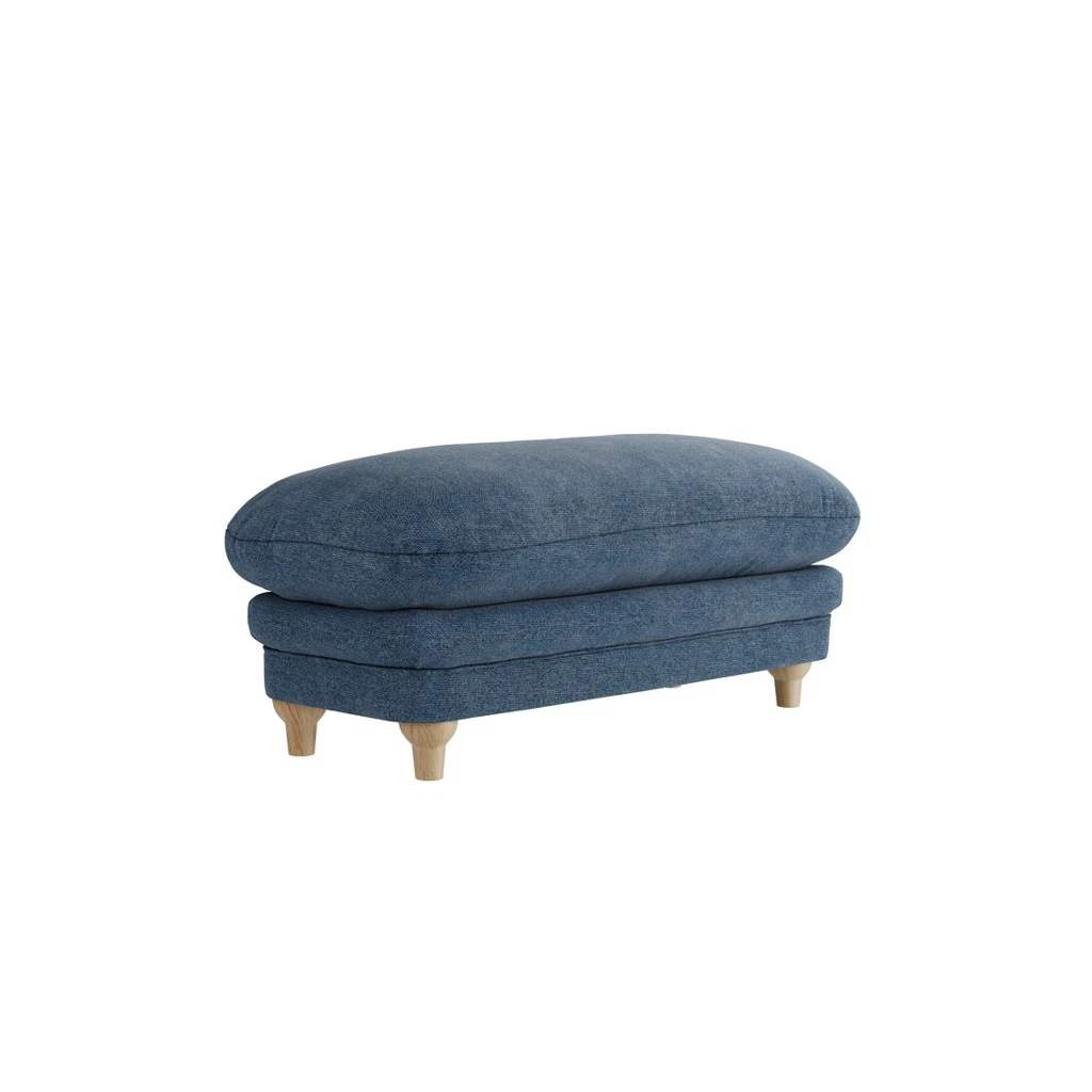 PlumptonDenim Blue Footstool Chenille Upholstered With Brown Wood Legs - Image 2