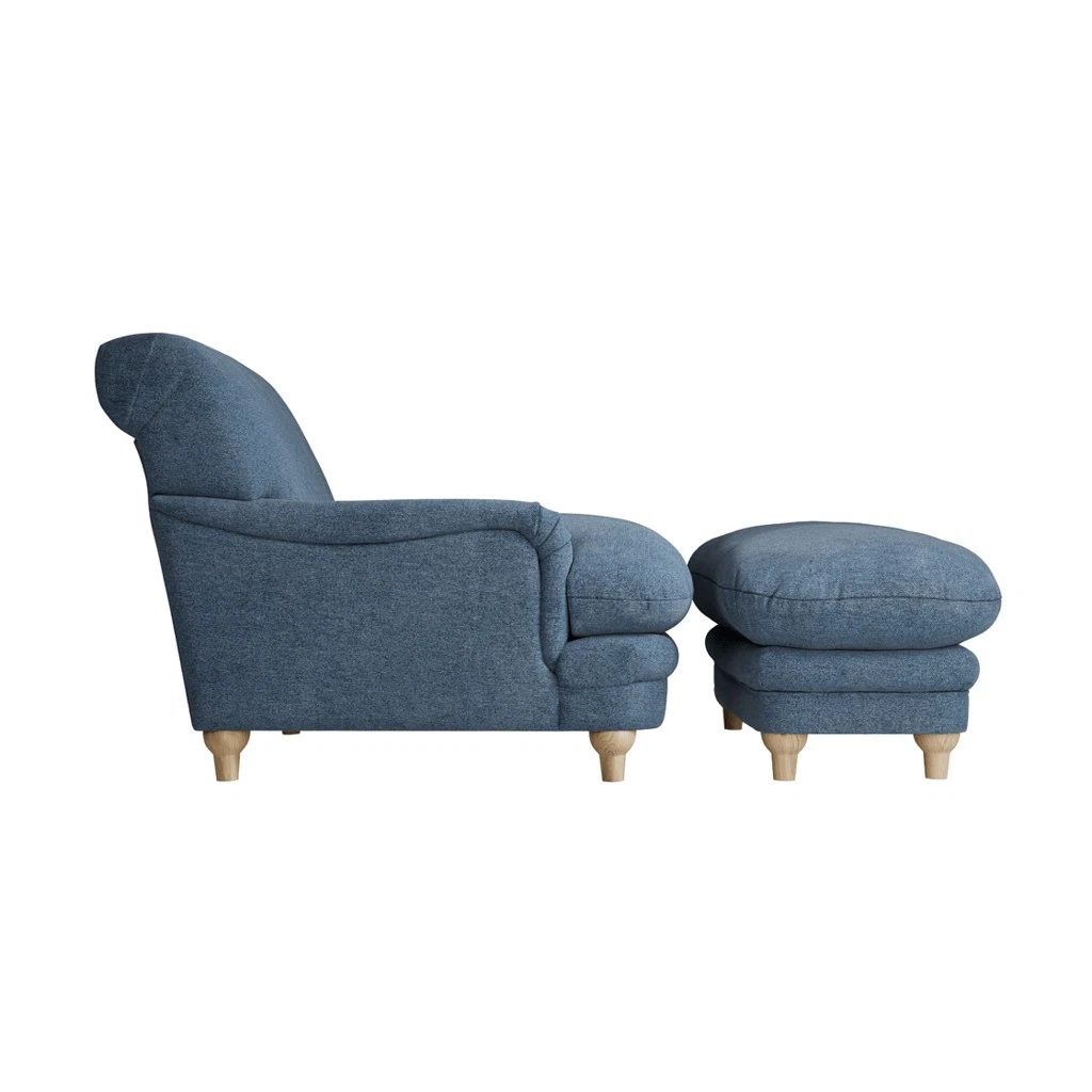 PlumptonDenim Blue Footstool Chenille Upholstered With Brown Wood Legs - Image 3