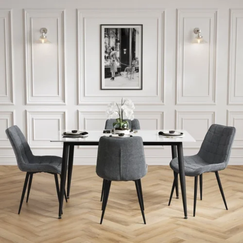 Luna Marble Effect Dining Set-Ceramic Top with Black Metal Legs Chairs (3 Packs)