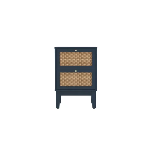 Bordeaux Blue Bedside Cabinet -Rattan Front Panels & Gold Accents with 2 Drawers