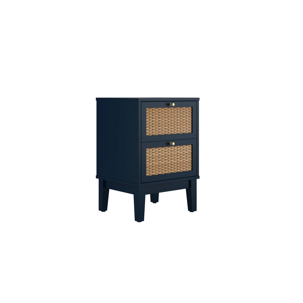 Bordeaux Blue Bedside Cabinet -Rattan Front Panels & Gold Accents with 2 Drawers - Image 2