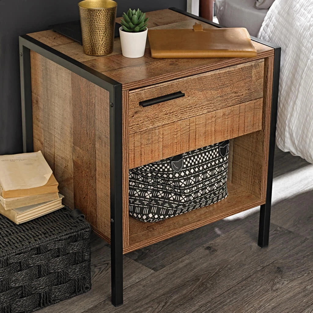 Hoxton Bedside Cabinet Industrial Chic with Distressed Oak Finish - Image 5
