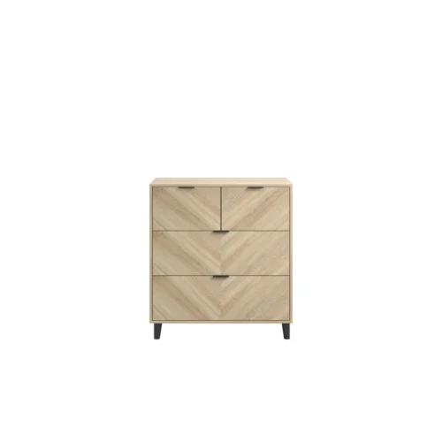 Stockholm Chevron 4 Dr Chest-Sonoma Oak Finish with Sleek Black Handles and Legs