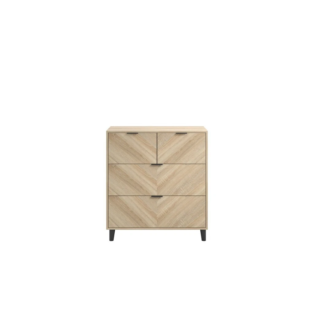 Stockholm Chevron 4 Dr Chest-Sonoma Oak Finish with Sleek Black Handles and Legs