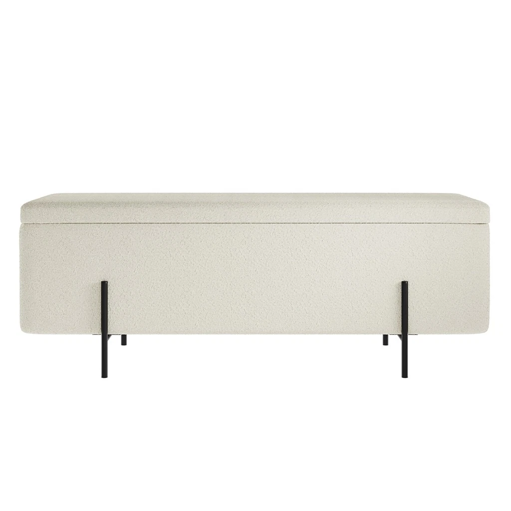 Lola Ivory Boucle Storage Ottoman - Cushioned Seat with Matte Black Legs