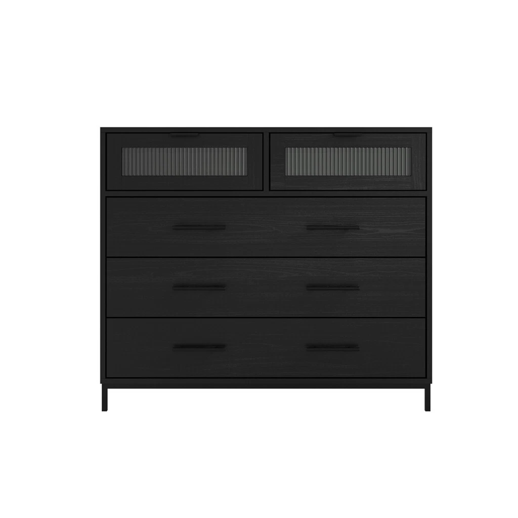 Edison Matte Black Chest - Industrial Style with Reeded Glass & Metal Frame