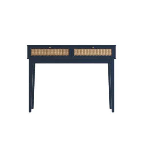 Bordeaux Blue Dressing Table - Rattan Front Panels, Gold Handles & 2 Drawers