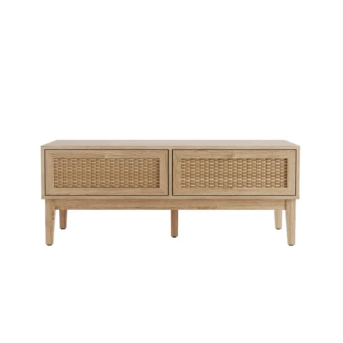 Bordeaux Rattan Oak Coffee Table - Boho Chic with Luxe Gold Accents