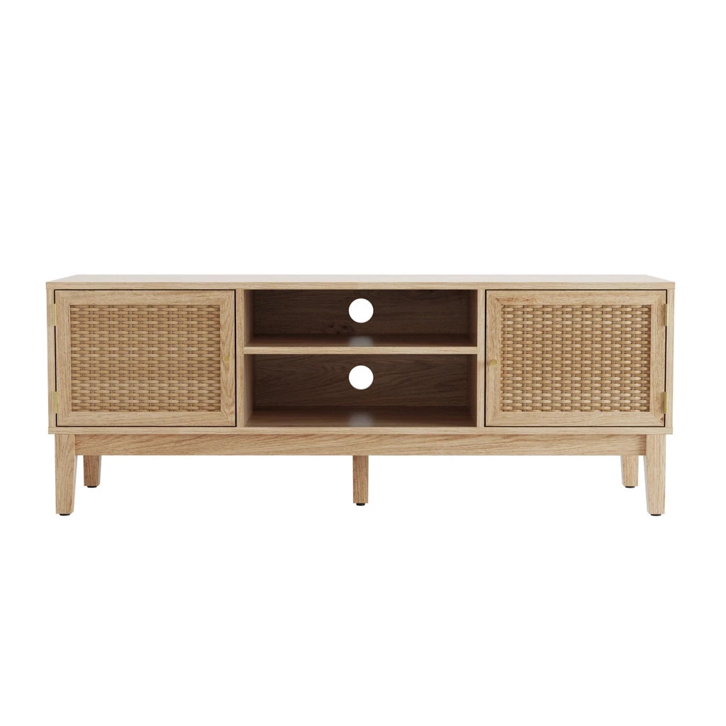 Bordeaux Rattan Oak TV/Media Unit - Boho Elegance with Luxe Gold Accents