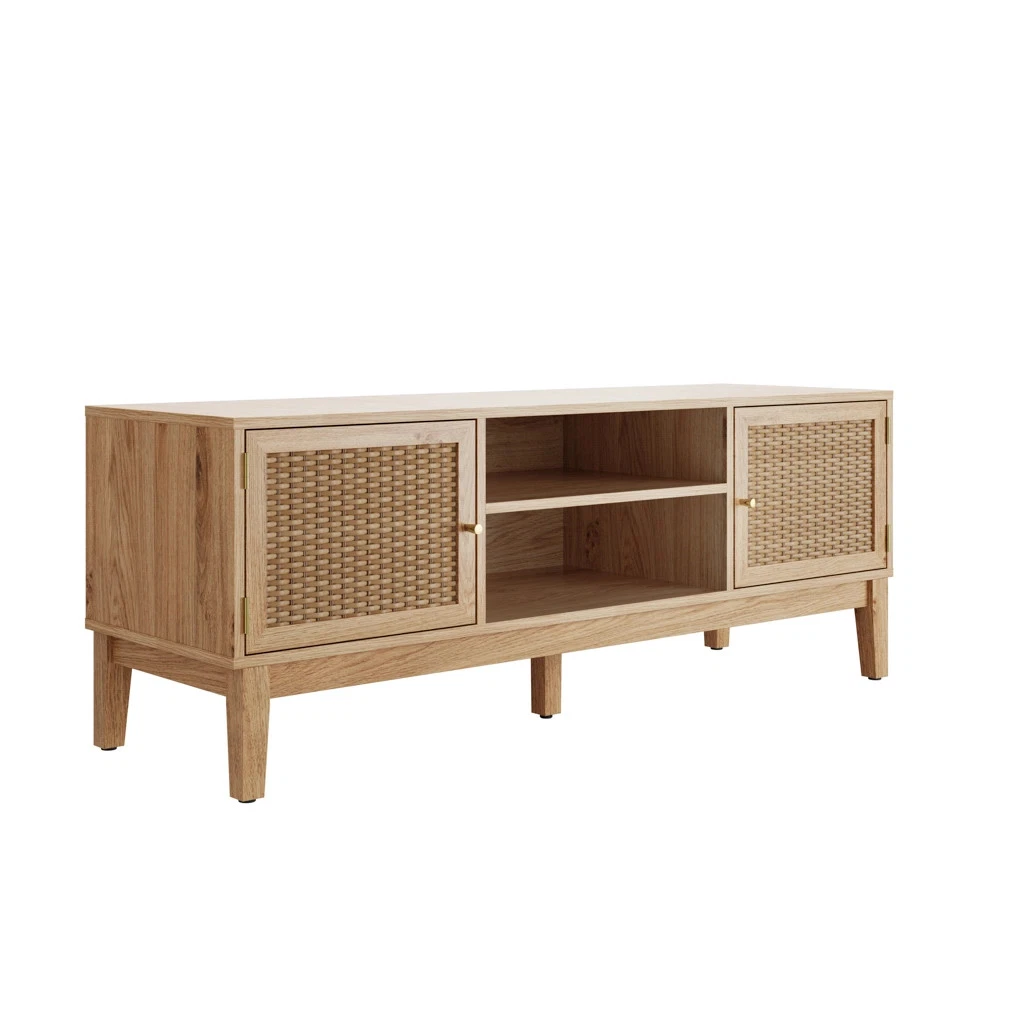 Bordeaux Rattan Oak TV/Media Unit - Boho Elegance with Luxe Gold Accents - Image 2