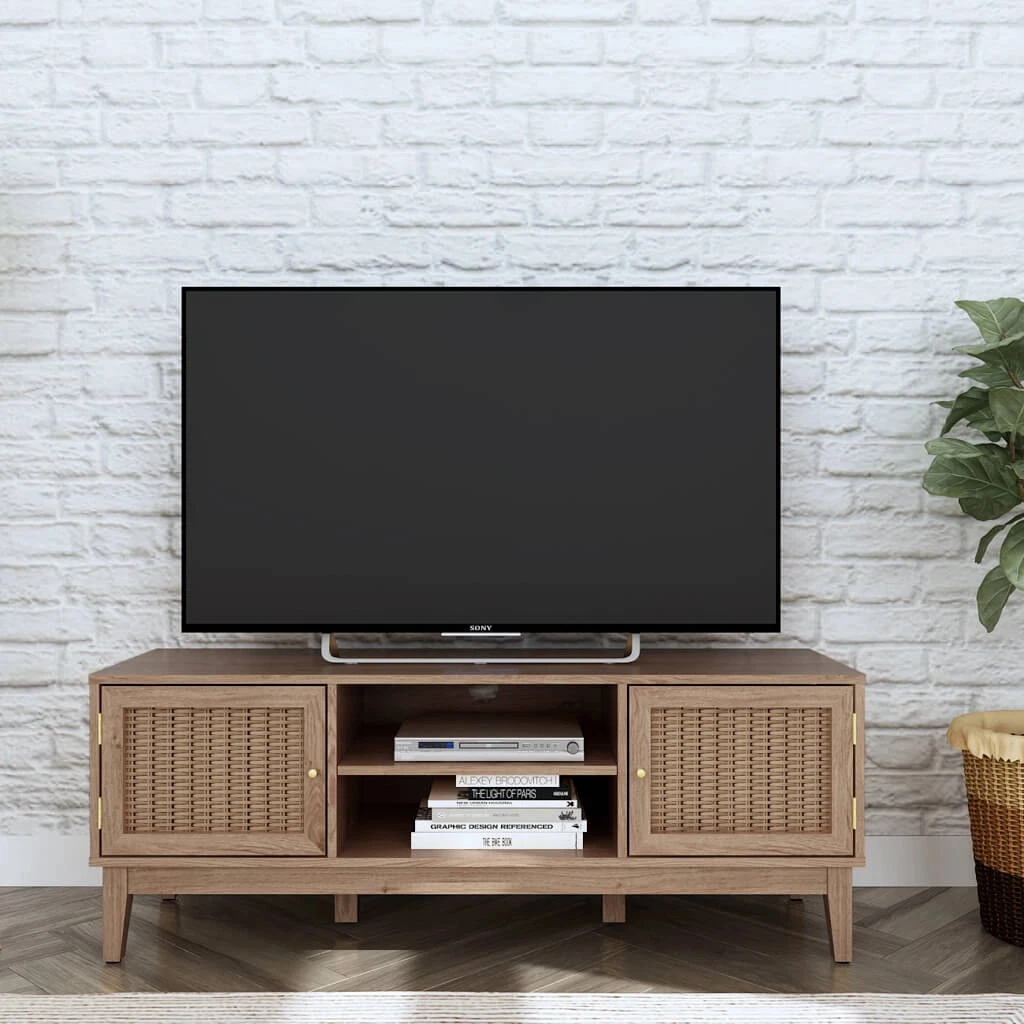 Bordeaux Rattan Oak TV/Media Unit - Boho Elegance with Luxe Gold Accents - Image 4
