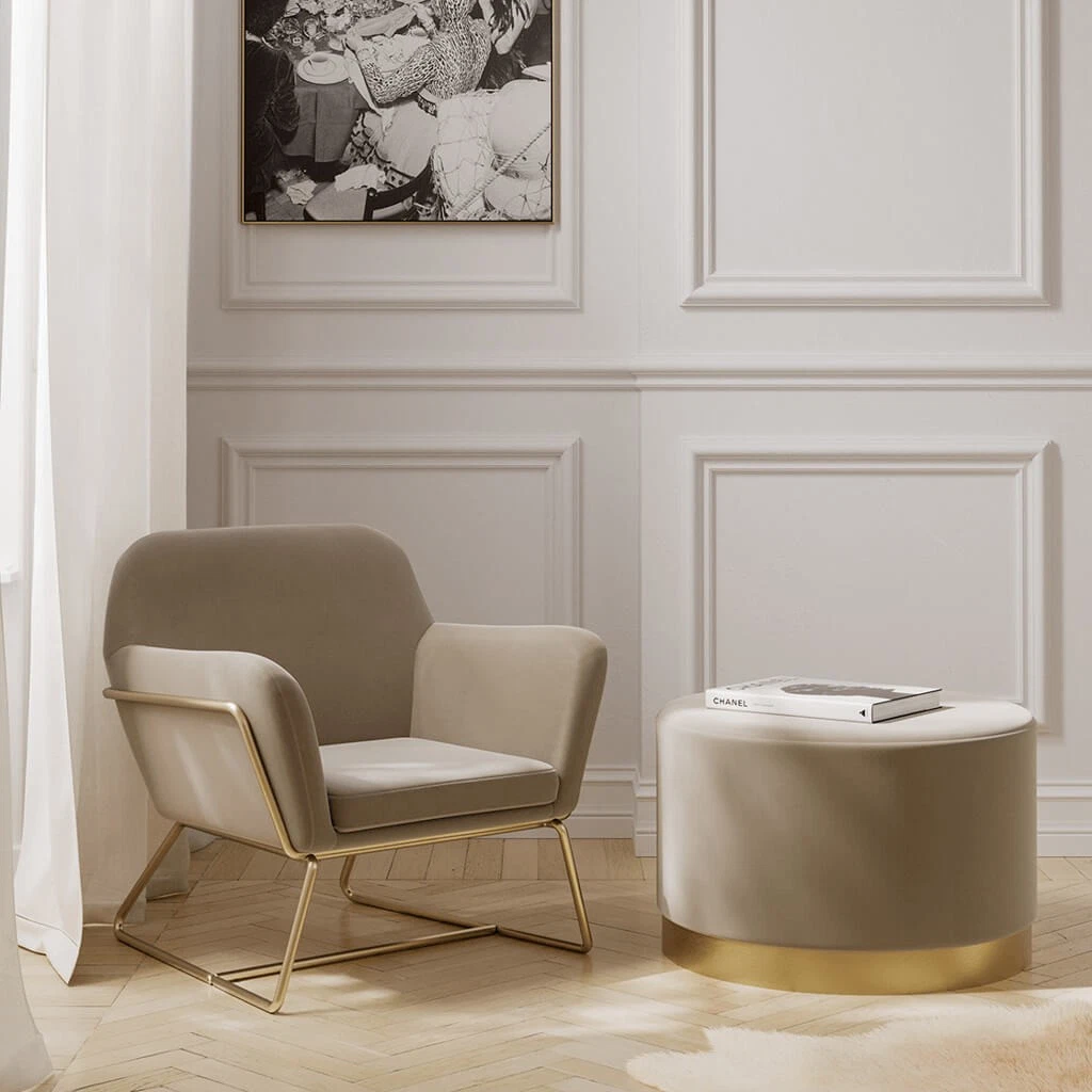 Lara Beige Velvet Pouffe - Large Multipurpose Design with Brushed Gold Base - Image 3