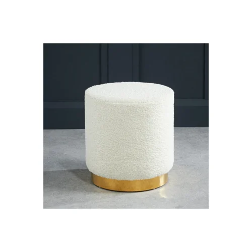 Lara Small Pouffe White Boucle Fabric with Gold Base Circular Footstool